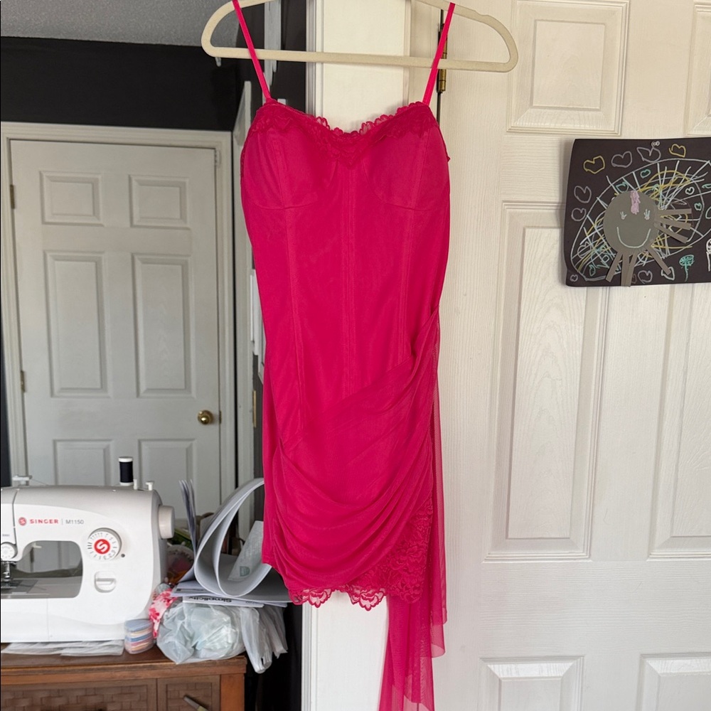 Fuchsia Lace-Trim Slip Dress with Adjustable Straps